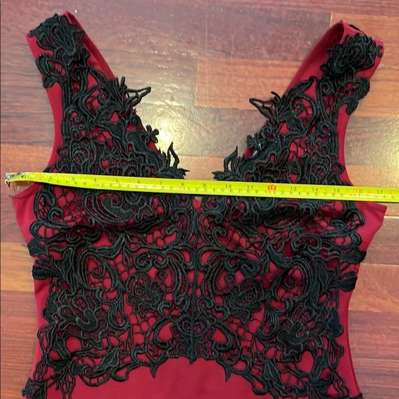 Womens 10 Lipsy Deep Red Dress with Black Lace Overlay Double V Neck - Picture 8 of 12